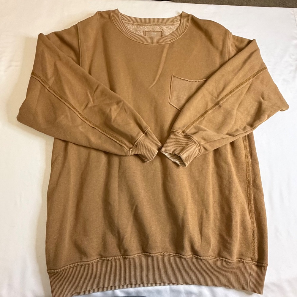 Aerie Womens XS Oversized Crewneck Sweatshirt Tan Brown Pocket Pullover Slouchy